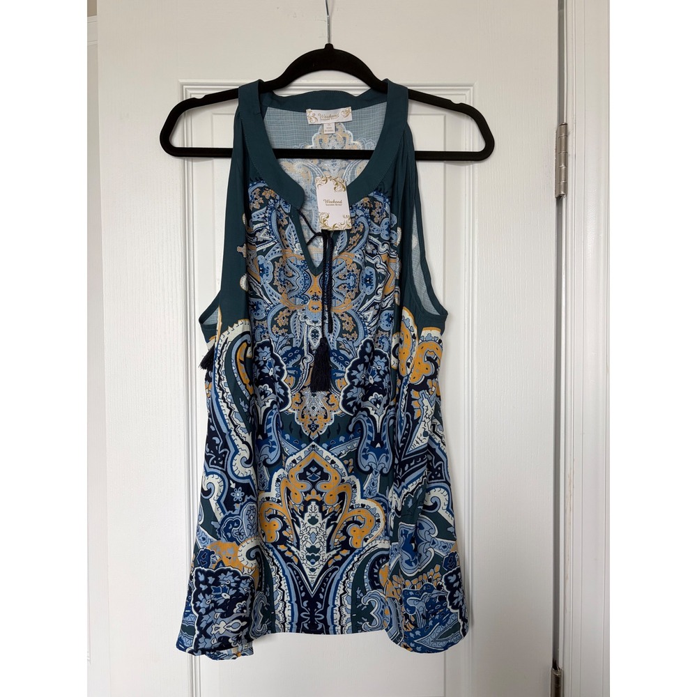 Weekend Suzanne Betro Teal Paisley Notch Tie Neck Tank Tunic U2501189 Womens 1X‎